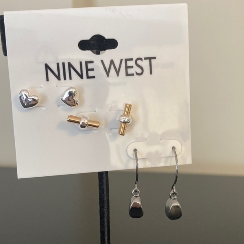 Nine West Heart and Bar Earring Trio - Silver and Gold